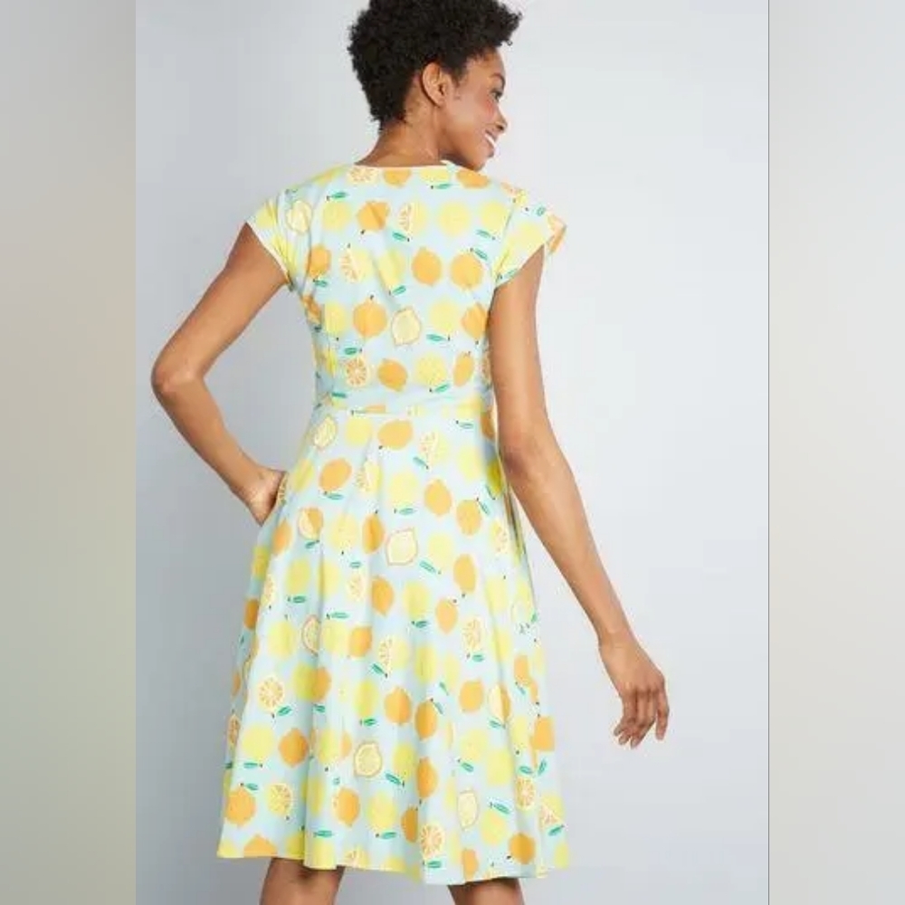 Modcloth Blue Dress with Yellow and Orange Citrus Print - Picture 4 of 14